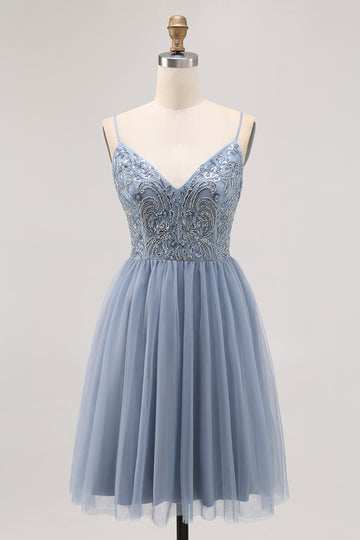 Grey Blue A-line Tulle Short Homecoming Dress with Beading